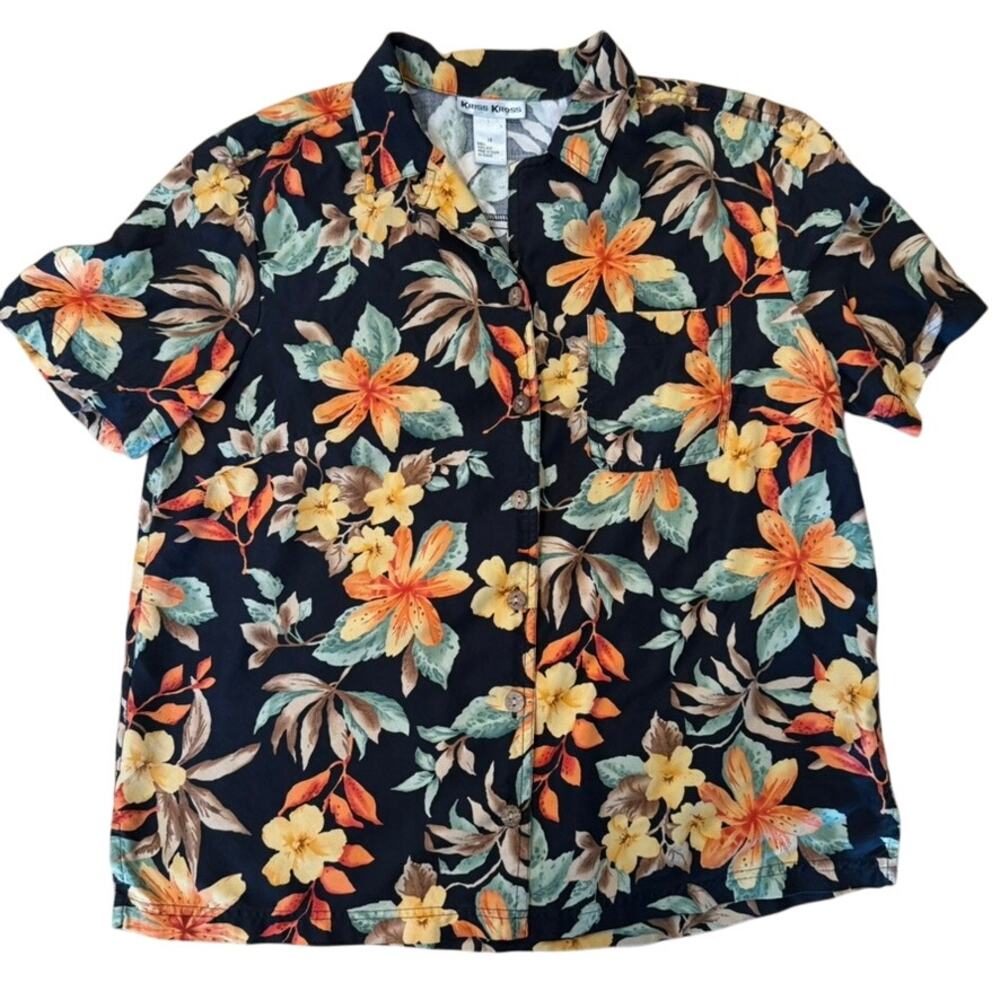 vintage kriss kross 100% silk tropical floral‎ shirt